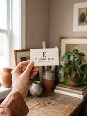 A hand holding a minimal cream business card with a serif logo, in a warm art studio