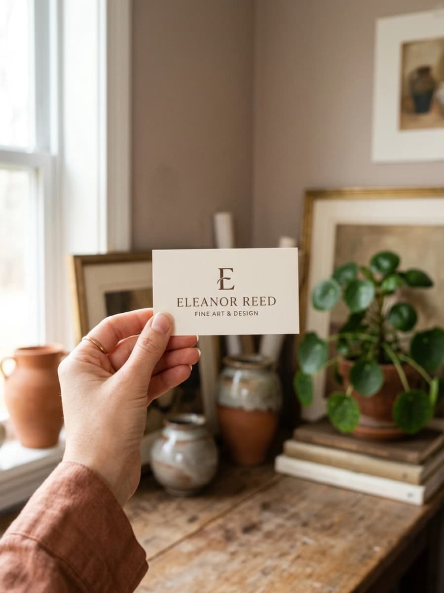 A hand holding a minimal cream business card with a serif logo, in a warm art studio