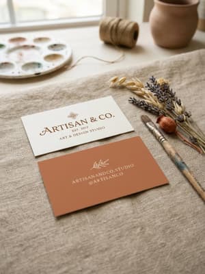 Double-sided business cards — cream front and terracotta back — on linen with a paint palette