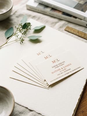 Several cream business cards fanned out, serif monogram in terracotta and brown ink